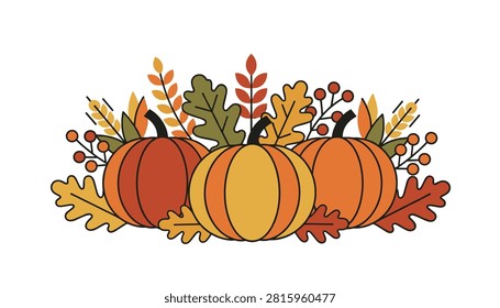 Festive autumn display featuring three orange pumpkins surrounded by colorful harvest leaves and dried wheat stalks on white background.