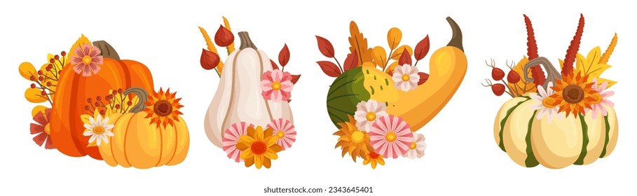 Festive Autumn Floral Arrangements Featuring Pumpkins Adorned With Vibrant Flowers, Perfect For Adding A Seasonal Touch To Any Decor Isolated On White Background. Cartoon Vector Illustration