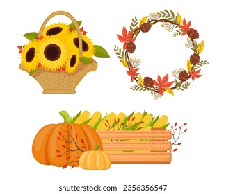 Festive autumn flowers and harvest vector illustrations set. Collection of cartoon drawings of sunflowers in basket, leaf wreath, corn in wooden box. Autumn, decoration, nature, farming concept