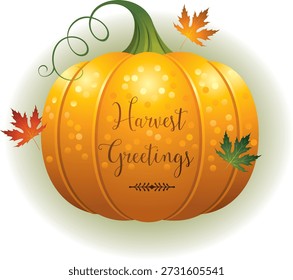 A festive autumn graphic featuring a large orange pumpkin, colorful maple leaves, and a green vine with the message "Harvest Greetings". Perfect for seasonal greeting cards, fall decorations, and Thanksgiving-themed designs.