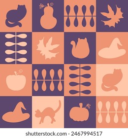 Festive autumn Halloween checkered seamless pattern. Geometric print for paper, textile and fabric. Hand drawn vector illustration for decor and design.