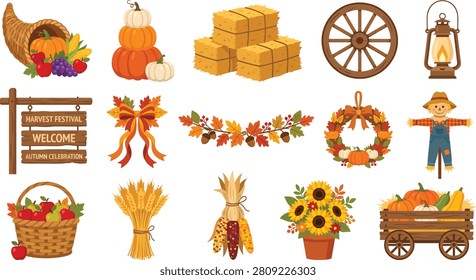 Festive autumn harvest elements collection featuring pumpkins cornucopia scarecrow sunflowers hay bales and rustic wooden decorations in flat vector style