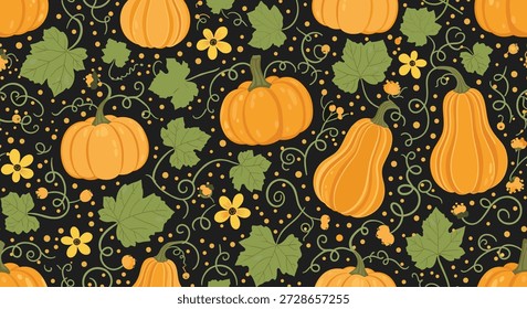 Patrón sin fisuras de otoño festivo de varias calabazas naranjas, flores amarillas y enredaderas verdes sobre un fondo negro para temas de vacaciones.