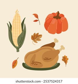 Festive autumn set with pumpkins, turkey and corn for Thanksgiving, flat style illustration