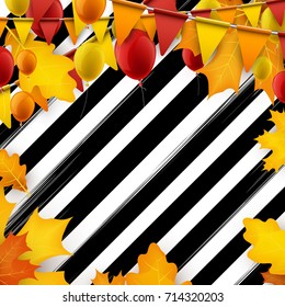 Festive autumn striped background with balloons and flags. Vector illustration.