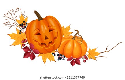 A festive autumn vector illustration with two pumpkins, one carved as a jack-o'-lantern, surrounded by colorful autumn leaves, berries, and branches. It evokes a warm and seasonal atmosphere.