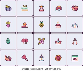 Festive autumnal celebrations icon collection featuring seasonal design elements