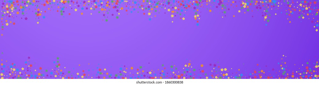 Festive awesome confetti. Celebration stars. Rainbow bright stars on violet background. Alive festive overlay template. Panoramic vector background.