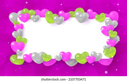 Festive backdrop with glossy hearts space for text. Rectangular frame with 3d realistic heart shaped balloons. Valentine, birthday, wedding background, banner, invitation design vector illustration