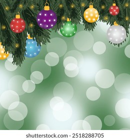 Festive backdrop of vibrant Christmas ornaments hanging from suburban green branches, against a soft and beautiful backdrop.