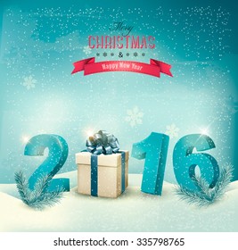 Festive background with 2016 numbers and a gift box. Vector.