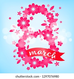 Festive background - 8 March, happy women's day, spring and flowers. Vector