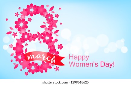 Festive background - 8 March, happy women's day, spring and flowers. Vector