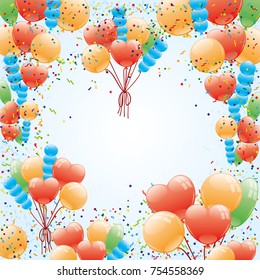 Festive background with balloons and confetti.