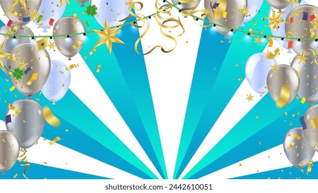 Festive background with balloons, confetti and ribbons. Vector illustration.