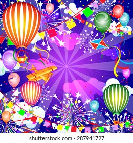 Festive background with balloons and fireworks, vector illustration