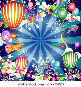 Festive background with balloons and fireworks, vector illustration