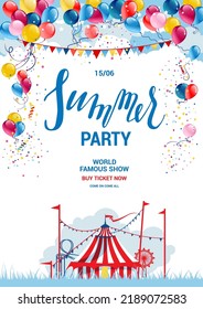 Festive background with balloons, flags and circus tent on blue sky. Holiday cartoon poster