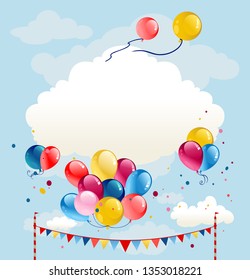 Festive background with balloons and flags on blue sky. Cheerful cartoon illustration with place for text 