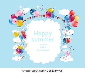 Festive background with balloons and flags on blue sky. Holiday cartoon illustration with place for text