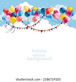 Fondo festivo con globos y banderas en cielo azul. con lugar para el texto. Ilustración de dibujos animados de vacaciones.