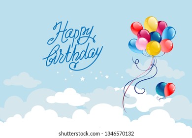 Festive background with balloons on blue sky. Holiday cartoon illustration.