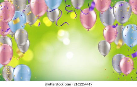 Festive background with balloons red , gold banner happy anniversary