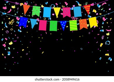 festive background, banner with colored confetti, flags and streamers on a black or white background