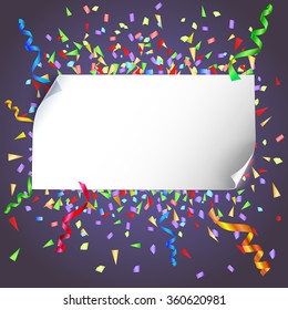 Festive background with banner and confetti. Editable vector for your bussines and design