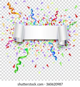 Festive background with banner and confetti. Editable vector for your bussines and design