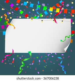 Festive background with banner and confetti. Editable vector for your bussines and design