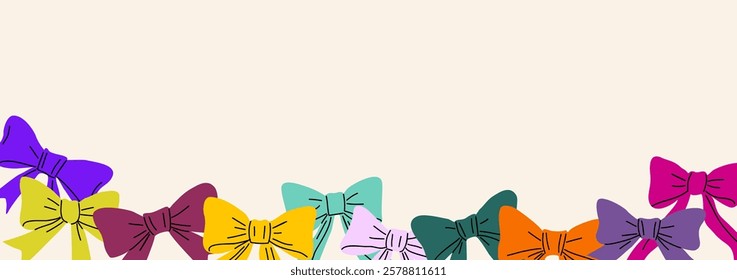 Festive background, banner made from decorative ribbon bows different colors. Flat vector illustration isolated on white background