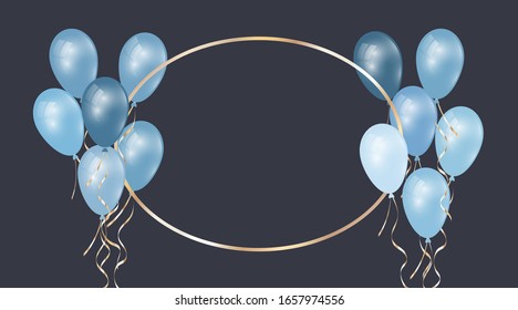 Festive background with beautiful balloons and golden frame. Realistic decorative elements with gold ribbons on blue background. Elements for design. Vector illustration