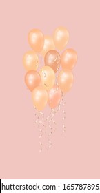 Festive background with beautiful bouquet of balloons. Realistic decorative elements with gold ribbons on pink background. Elements for design. Vector illustration.