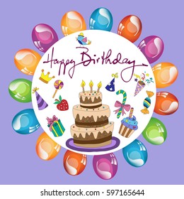 festive background: birthday, balloons, cake, gifts, cupcakes, crown