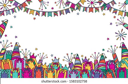 Festive background for birthday, children's party with garlands, fireworks, gift boxes and caps. Bright vector illustration banner with free place for text.