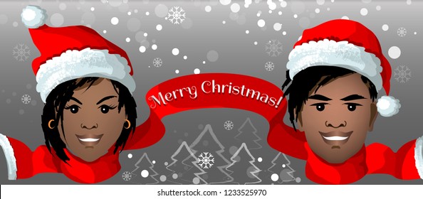 Festive background with black girl and  boy in Santa hats and  кув scarf with the inscription Merry Christmas. Vector illustration.