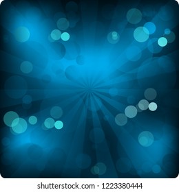 Festive background with blue lights and explosion. New Year abstract gift card. Bokeh banner with mesh. Vector illustration