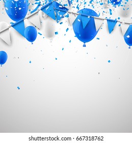 Festive background with blue and white flags and balloons. Vector illustration.