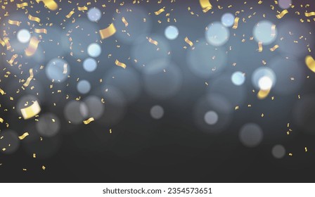 Festive background with bokeh lights and confetti. Vector illustration.