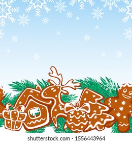 Festive background with a border of gingerbread cookies, Christmas tree branches and falling snowflakes. Christmas or New Year card.