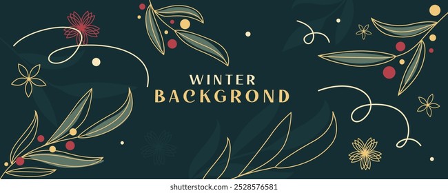 Festlicher Hintergrund mit Ästen, Beeren und Blumen mit Konfetti in Vektorgrafik.