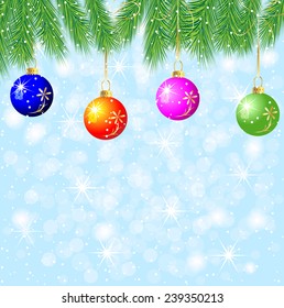 festive background with the branches of christmas tree and varicoloured balls,  vector  illustration