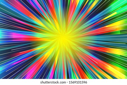 Festive background of bright colorful speed lines. Effect motion lines for comic book and manga. Radial rays from center of frame with effect explosion. Template for web and print design. Vector