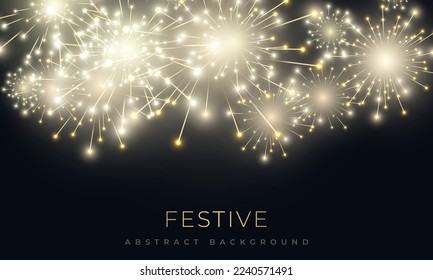 Festive background with brightly fireworks shining sparks. Firecrackers and celebration lights in night sky. Xmas and happy new year salute. Realistic fireworks celebration vector background.