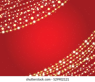 festive background with burning light bulbs on red.