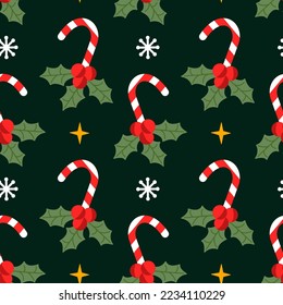 Festive background with candies, leaves and berries. Seamless pattern. Can be used for web page background fill, surface texture