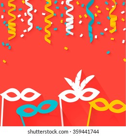 Festive background with carnival masks, confetti and paper streamers, vector illustration