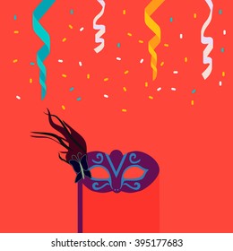 festive background with carnival masks, confetti and paper streamers vector illustration