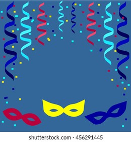 Festive background with carnival masks, confetti and paper streamers
on blue-violet background